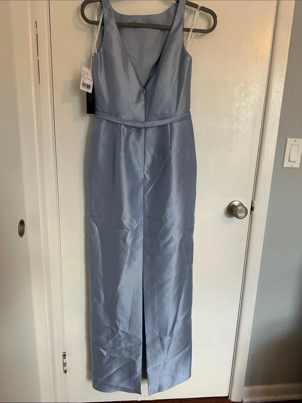 Dessy Elegant Sleeveless Light Blue Satin Maxi Dress with Belt- NWT - Picture 8 of 9